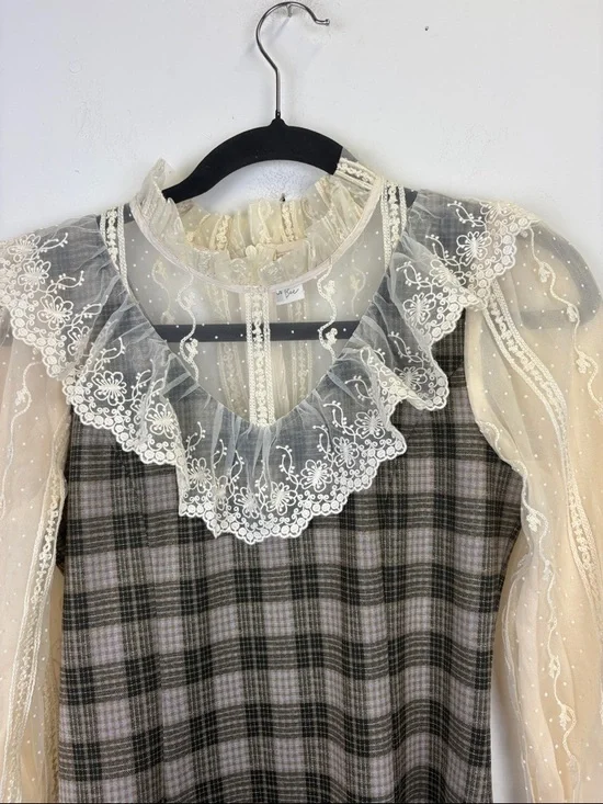 Bec & Xin Plaid Lace Dress Ruffle Collar Cottagecore Romantic Mini Size small - Picture 2 of 8